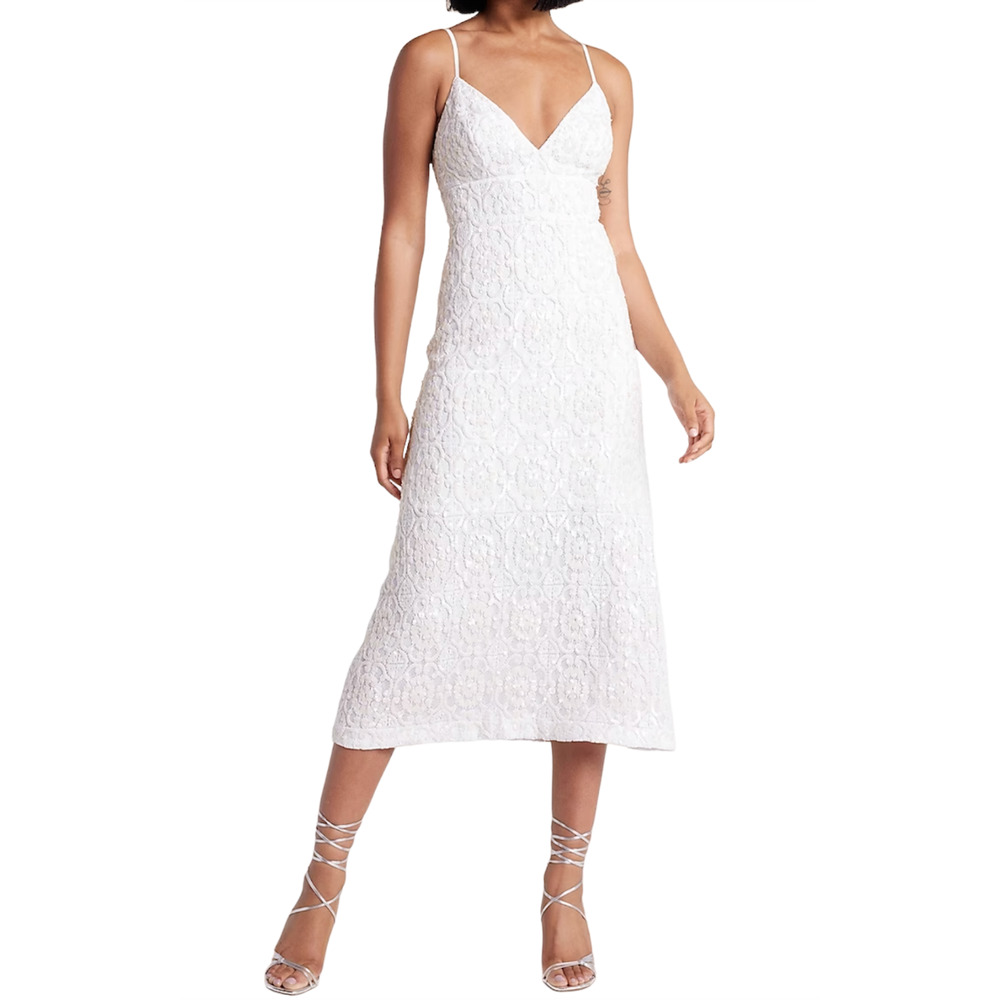 NEW EXPRESS LIMITIED EDITION SEQUIN LACE V-NECK MIDI DRESS SIZE 2